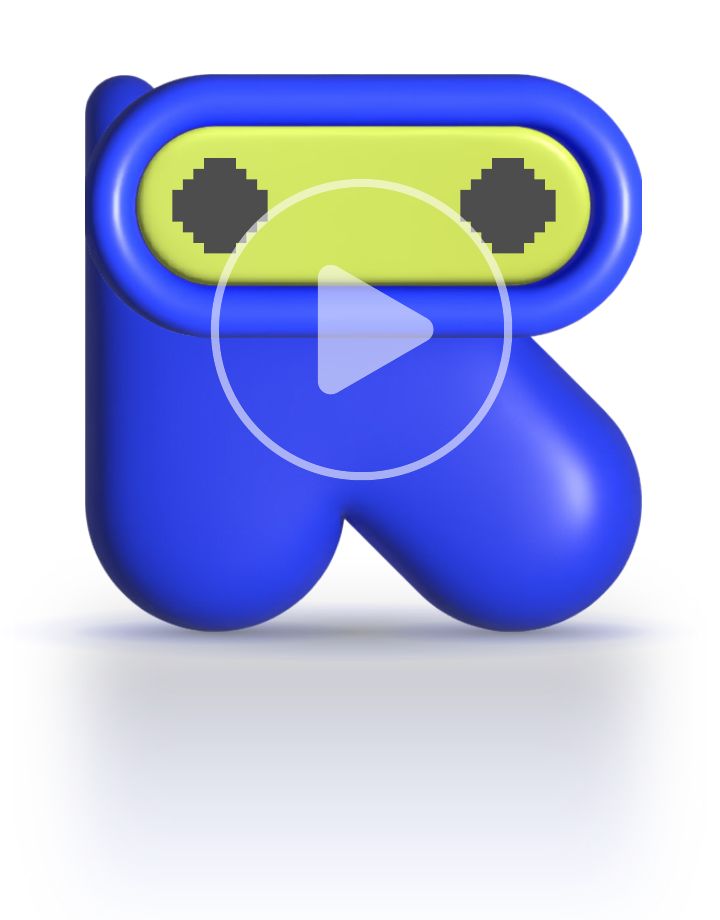 Roy, the RoyScout mascot: a blue R with a lime visor